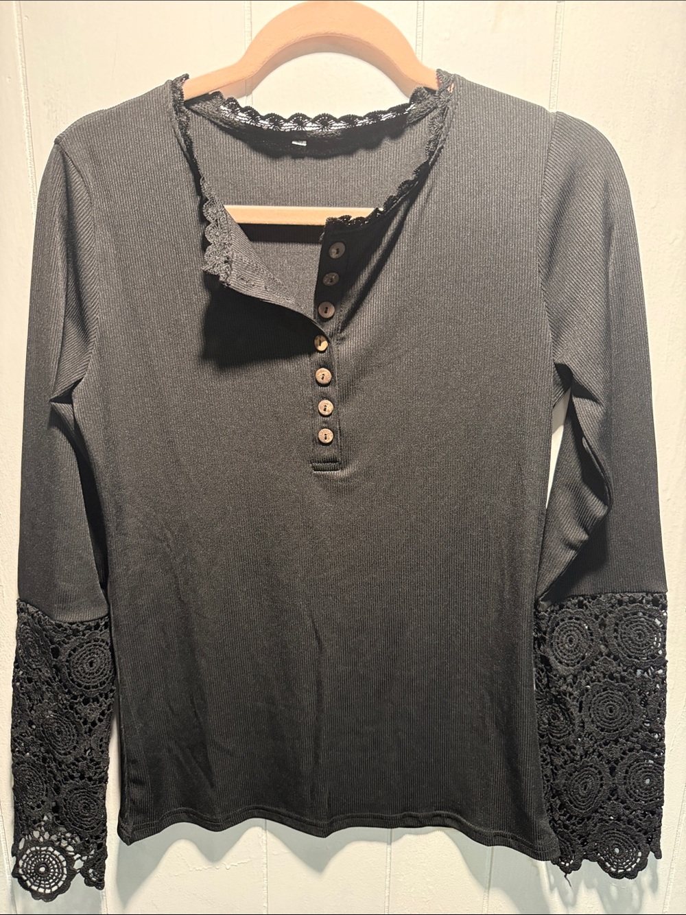 Black Lace-Trim Henley Long-Sleeve Top